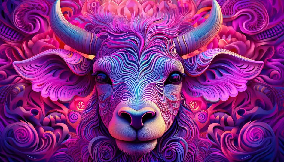 Face of a ram with horns and large ears with hair that creates a pattern of swirls in the background